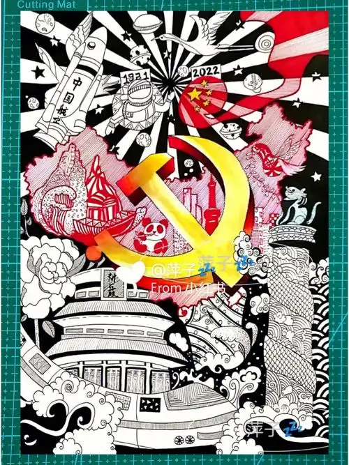 黑白线描装饰画国庆节绘画