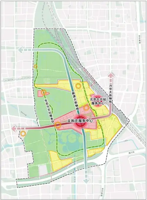 大兴新城核心区位于大兴新城中部,东侧隔京雄城际,京九铁路廊道与大兴
