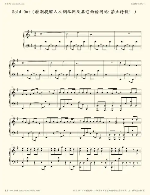 《sold out,钢琴谱》完整版,hawk nelson(五线谱 钢琴曲 指法)-弹吧