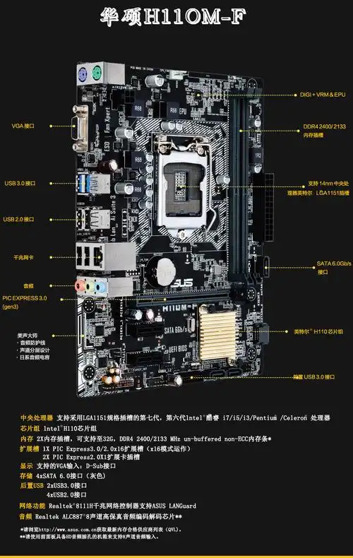 华硕(asus) h110m-f ddr4 lga1151 台式机m-atx主板
