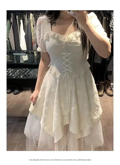 艺诗茶歇法式方领雪纺连衣裙女夏季小个子纱裙蛋糕蓬蓬仙女长裙子