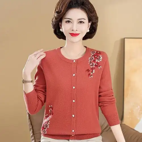 春秋100纯羊毛妈妈装开衫中老年人毛衣女外套针织衫长袖薄款上衣