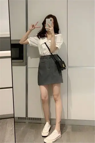 烟灰西装半身裙女2020年夏季新款a字裙高腰jk裙显瘦短裙