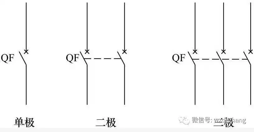开关或空气开关,俗称塑壳开关,断路器在电路中的图形符号如下图所示