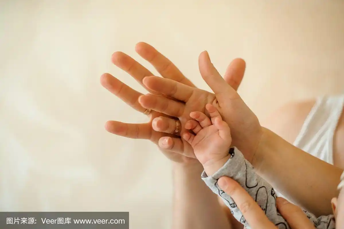 父母和孩子在灯光背景上牵手的特写