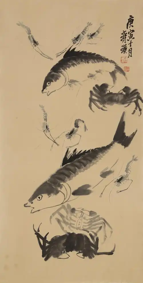 名家齐白石花鸟字画名人国画作品三尺虾戏图手绘临摹古