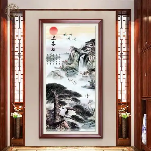 迎客松壁画玄关装饰画竖山水画风水靠山客厅过道壁画走廊挂画招财