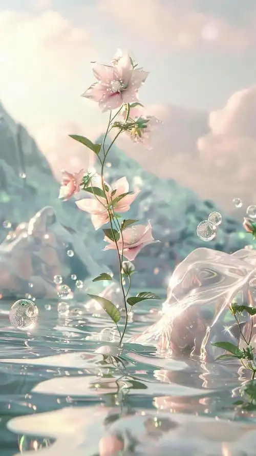 冰峰绮梦,晶莹秘境——探索淡粉玻璃植物的3d奇境#最美壁纸
