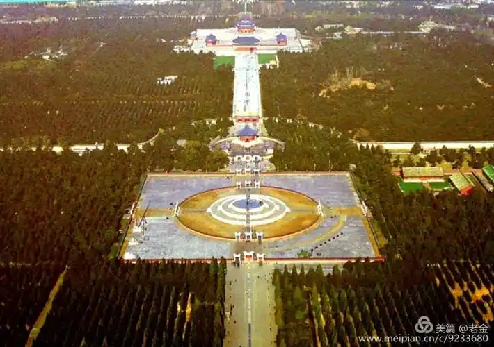 这是天坛的鸟瞰图,一条轴线贯穿全坛.