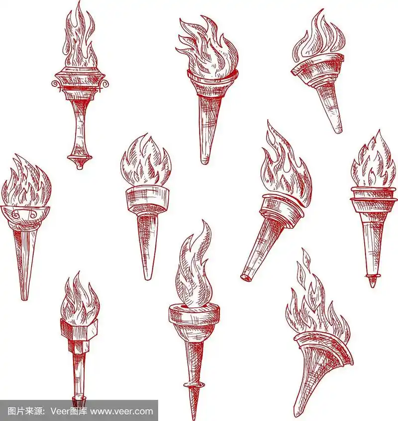 古代燃烧的火炬红色的素描