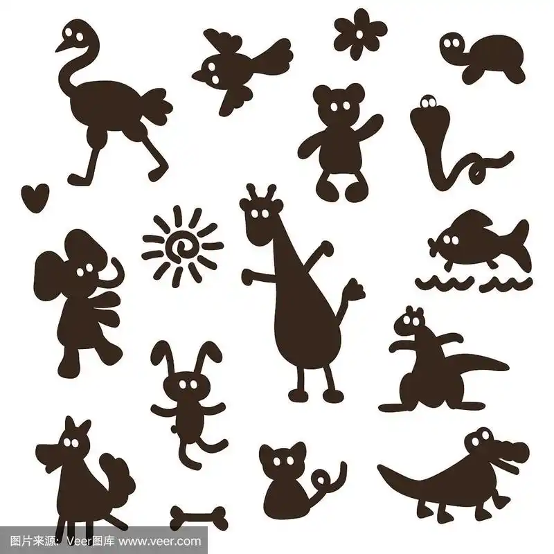 矢量组卡通有趣的动物剪影