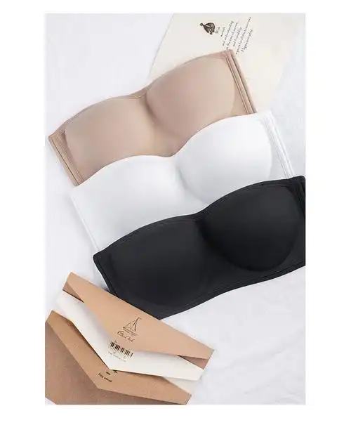 日本磨毛轻薄无肩带文胸大胸露肩装隐形防滑半杯内衣女夏收副乳 黑色