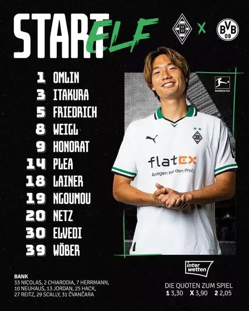 多特客战门兴首发桑乔缺席阿莱先发阿德耶米萨比策出战