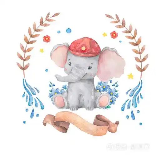 可爱的婴儿野生动物大象美丽的花环,框架,花束水彩画在白色背景上手绘