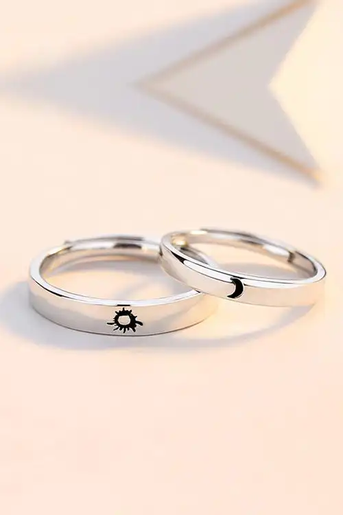 925纯银 情侣戒指男女一对日月 对戒简约刻字开口可调节原创设计