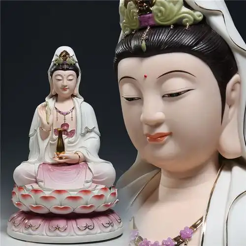 多尺寸全莲观音坐像菩萨像供奉观音佛像微笑脸站家用陶瓷供桌摆件