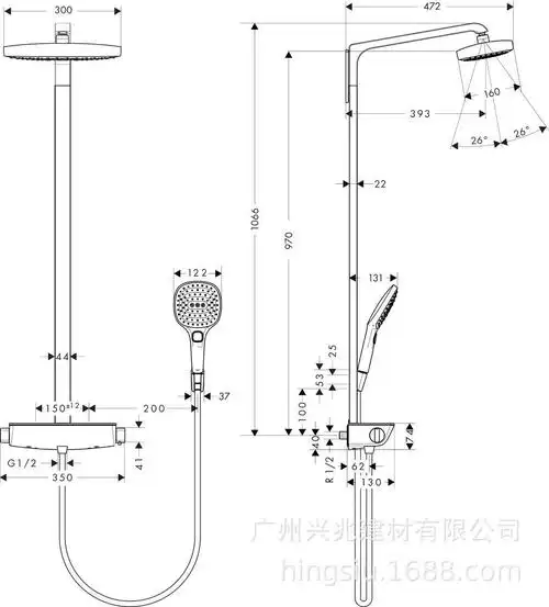 下最大流量: 9 l/min 头顶花洒: 飞雨select e 300 2速 花洒头尺寸