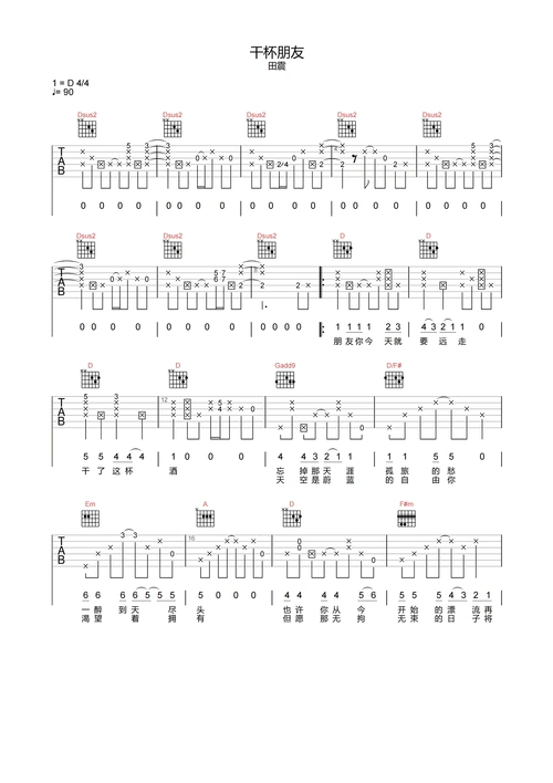 干杯朋友吉他谱-田震-d调完美原版-附pdf图片谱1