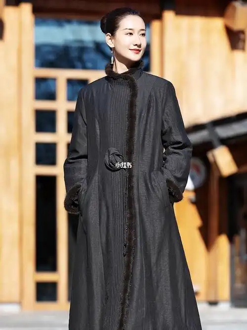 黑色龟纹真丝香云纱棉服外套女气质长款棉袄