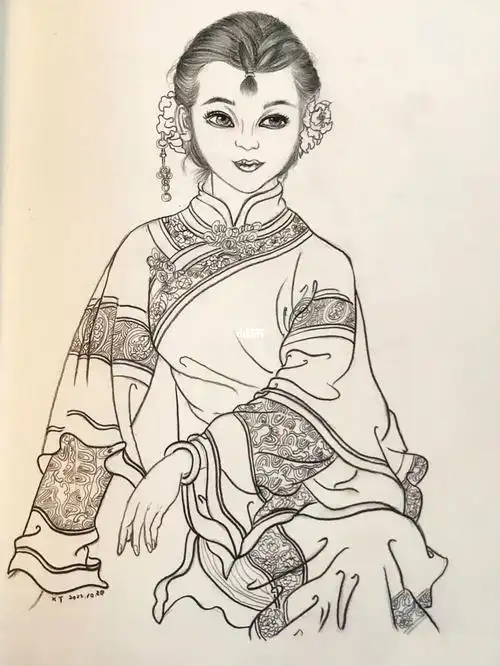 白描铅笔画清代女