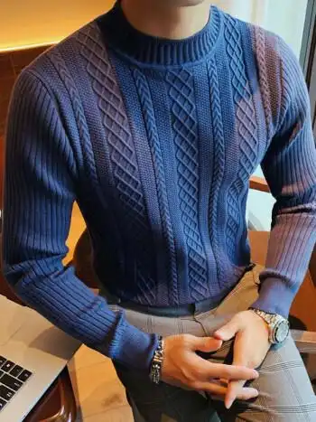 手工粗线毛衣麻花毛衣男新款秋冬半高领针织衫 韩版修身粗毛线衣打底