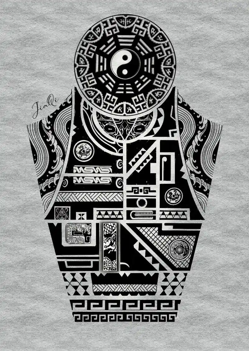 中国图腾丨阴阳太极花臂花腿纹身手稿.图案里融合了 青龙 白虎 - 抖音