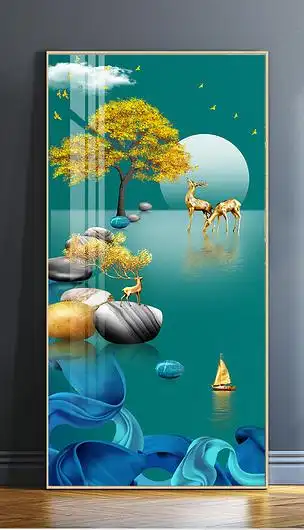 轻奢现代石来运转山水一鹿高升玄关发财树装饰画