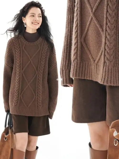 粗毛线编织毛衣幸福冬日感的可可板栗色