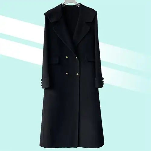 长款修身双面羊绒外套短毛双顺双面手工羊毛大衣秋冬新款纯黑色女