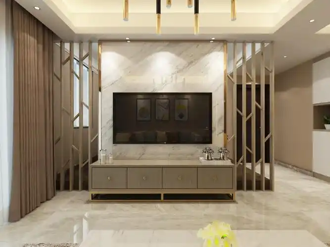 对称式的屏风设计艺术造型的电视墙,搭配咖色的电视柜,简洁时尚.