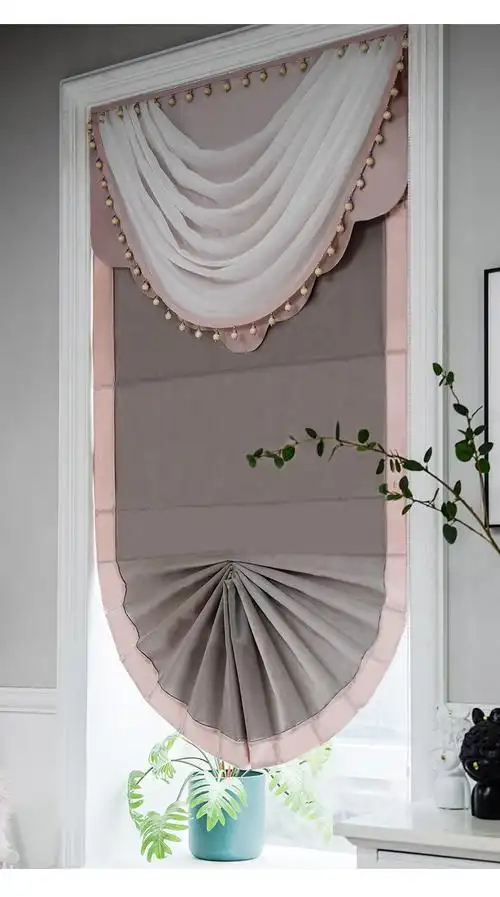 现代美式轻奢丝绸质感高精密粉灰扇形罗马帘水波幔帘头窗帘升降帘