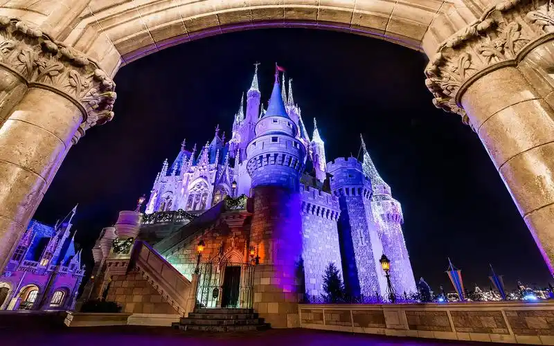 迪斯尼乐园城堡夜晚紫色游乐园拱高清壁纸