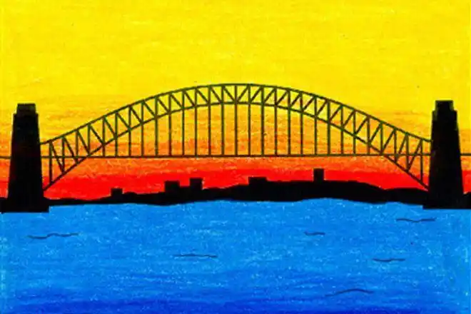 怎么一步一步教小孩子画夕阳下的拱形悬索桥步骤图解