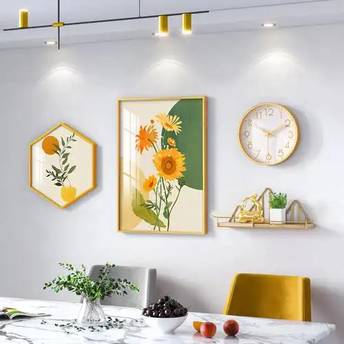 向日葵餐厅装饰画带时钟简约现代餐桌饭厅背景墙壁画创意组合挂画