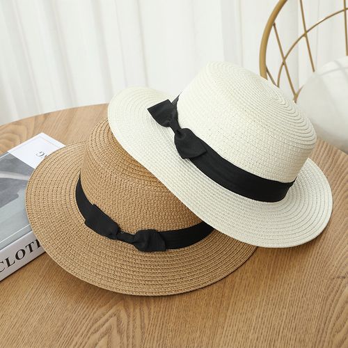 小帽子女旅游草帽夏季英伦小礼帽草编平顶帽遮阳防晒蝴蝶结太阳帽