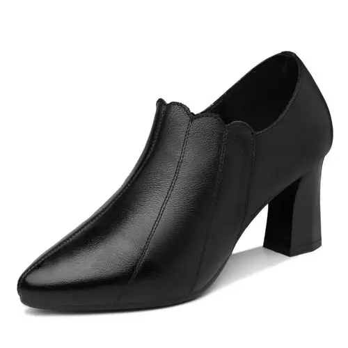 真皮皮鞋女鞋粗跟软皮黑色深口单鞋春季春秋款女士中跟工装高跟鞋