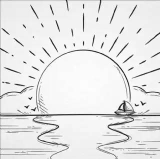 手绘夏季日落黄昏的海景