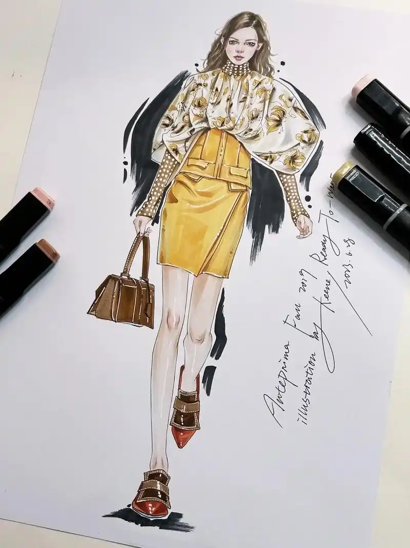 服装设计考研74复古风马克笔效果图.