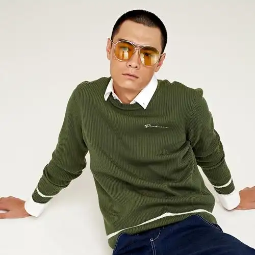 gxg男装秋季男士时尚青年都市潮流毛衣绿色修身圆领毛衫针织衫男