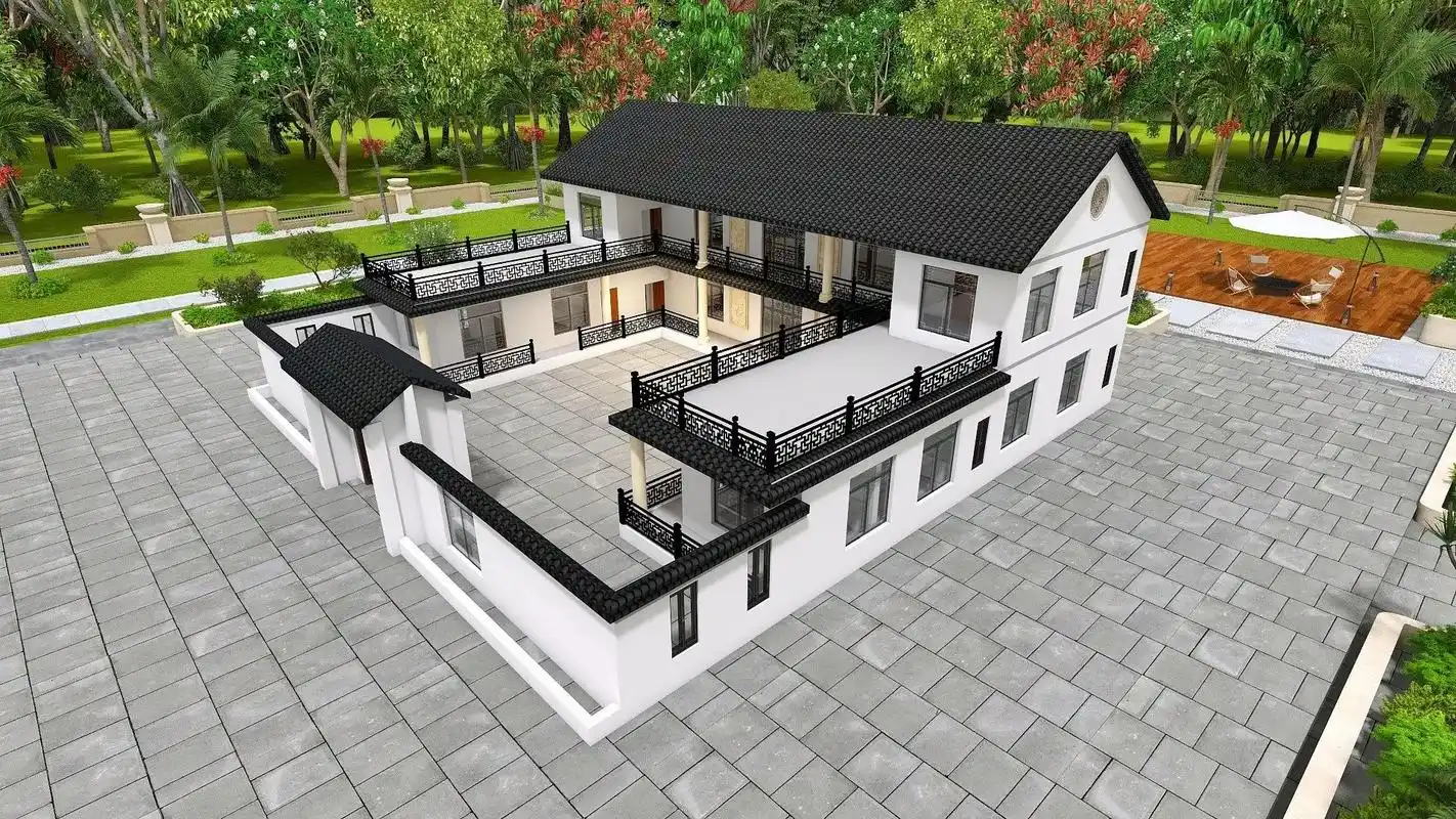 巧家乡村振兴农村自建两层新中式四合院别墅3d效果图施工图设计 - 抖