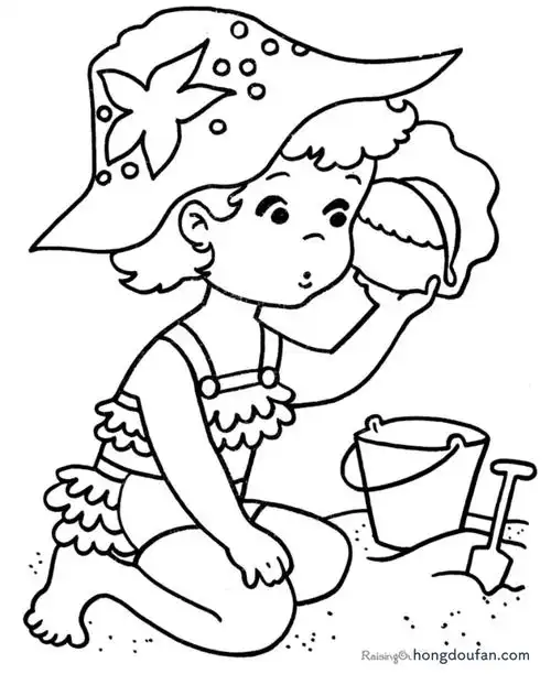 沙滩上听海螺的小妹妹填色图片大全-红豆饭小学生简笔画大全
