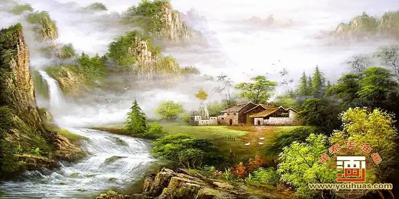 山水画 高山流水油画风景画