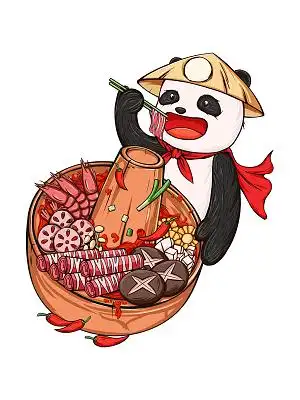 彩色手绘国潮中国风卡通熊猫吃火锅元素png素材
