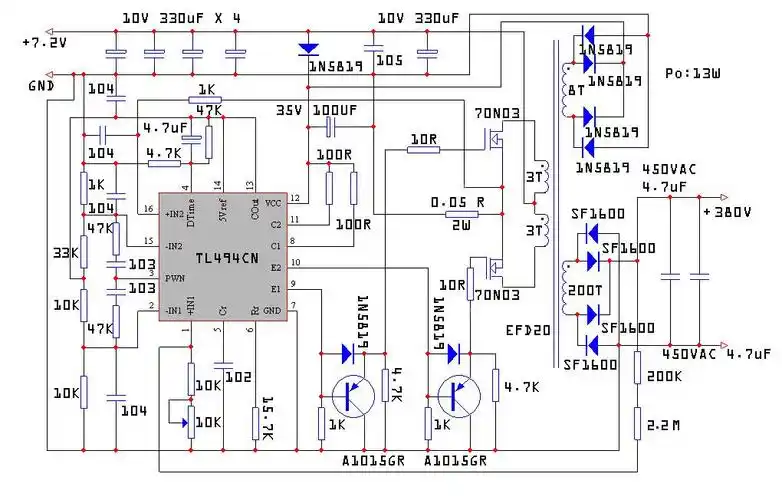 tl494组成的逆变器(7.2v转450v ac)电路图