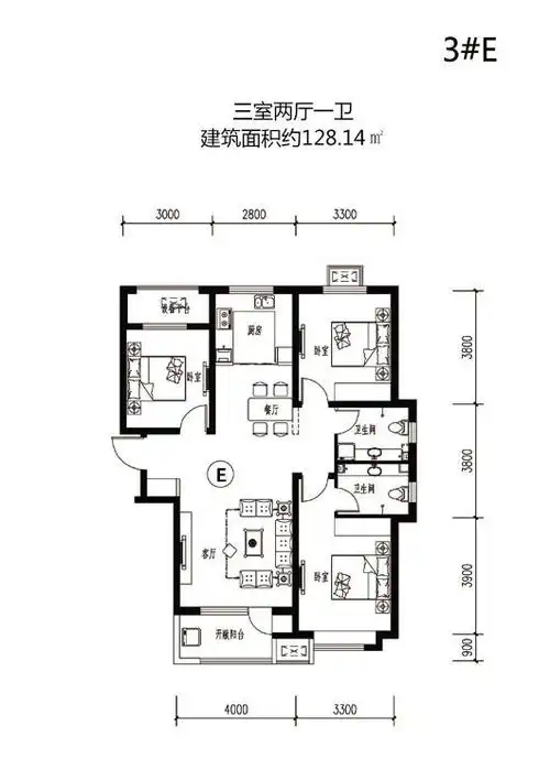 藁城理想城户型图 3号楼e户型 128.14㎡