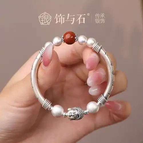 佛在心中足银双面佛首足银弯管纯银手链