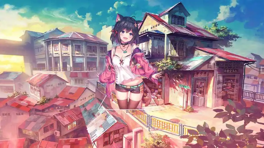 特色日漫建筑背景下的时尚女狐妖桌面壁纸