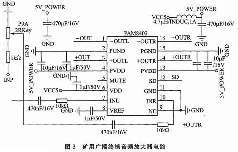 选用pam8403型d类芯片作为音频放大器,该音频放大器具有低emi调制方式