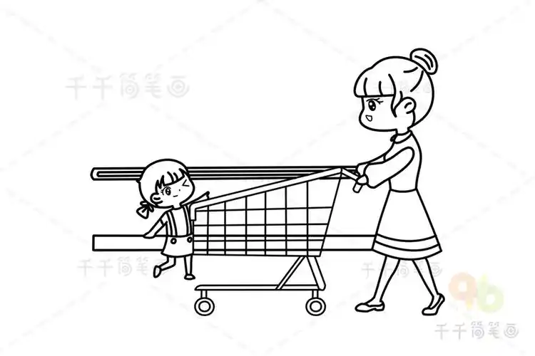 妈妈和女儿一起逛超市场景简笔画