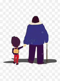 手绘卡通爷爷拉着孙子走路元素